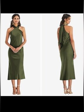 Lovely Draped Twist Halter Tie-Back Midi Dress Paloma Olive Green M